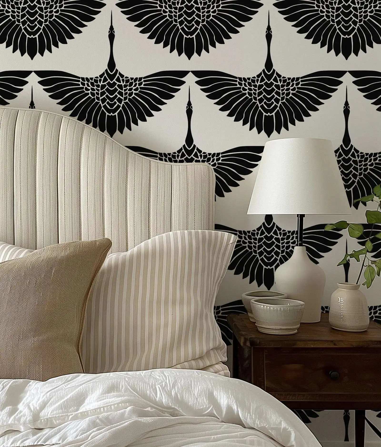 Black Cranes Peel and Stick Wallpaper, Flying Crane Temporary Self-adhesive Wallpaper, Or Bird Traditional Un-paste Wall Paper