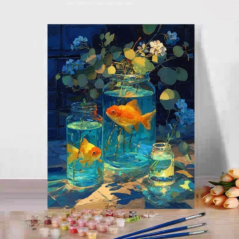 

A-0143 Colorful Koi Fish Oil Painting, Japanese Pond Art, Handmade Canvas Wall Decor
