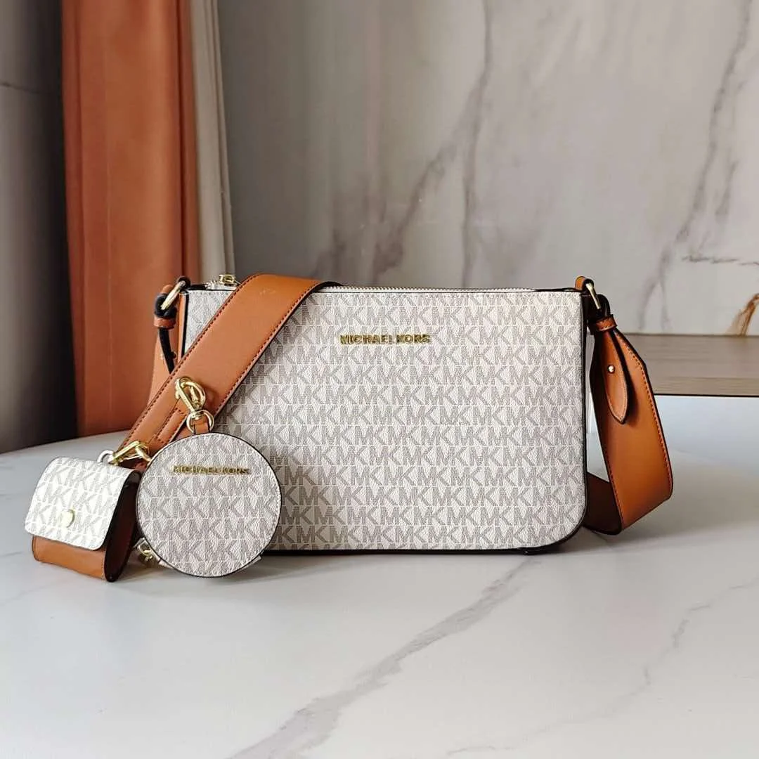 Brand New Michael Kors Women's Fashion Casual High-Quality Three-Piece Set, MK Leather Crossbody Bag for Women