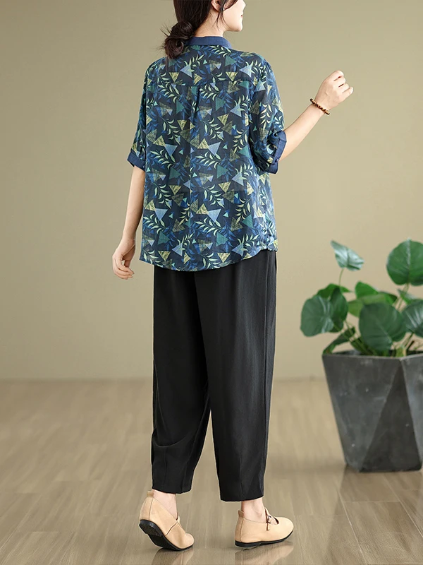 Faionable Slimming Cotton Linen Set Svel Printed irt Elastic Waist Eighteen Harlan Pants Casual Two-piece Set Women