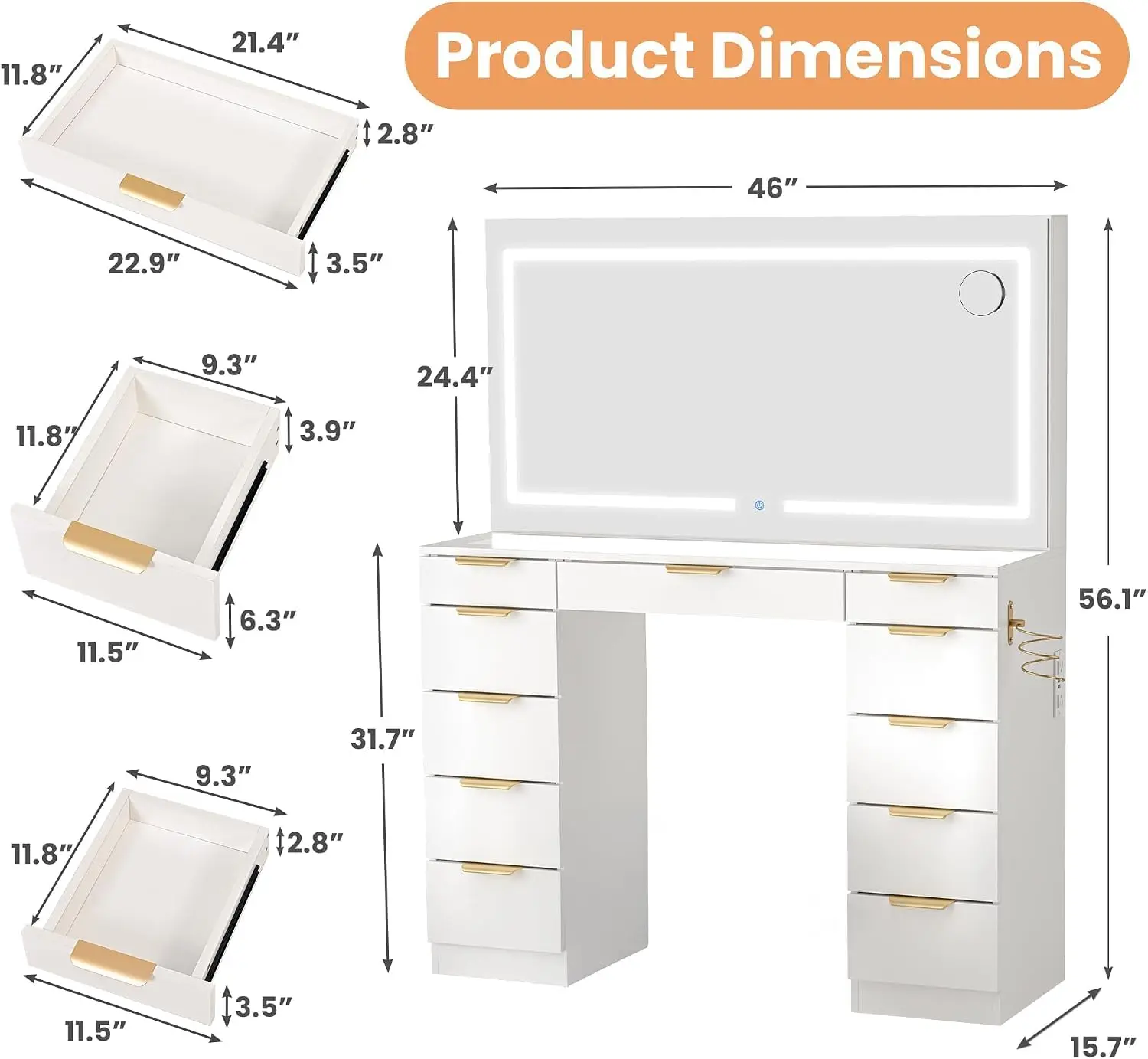 11 Drawers Vanity Desk with Golden Handles, Upgraded Silent Slides Vanity Mirror with Lights, 3 Lighting Modes, Customized