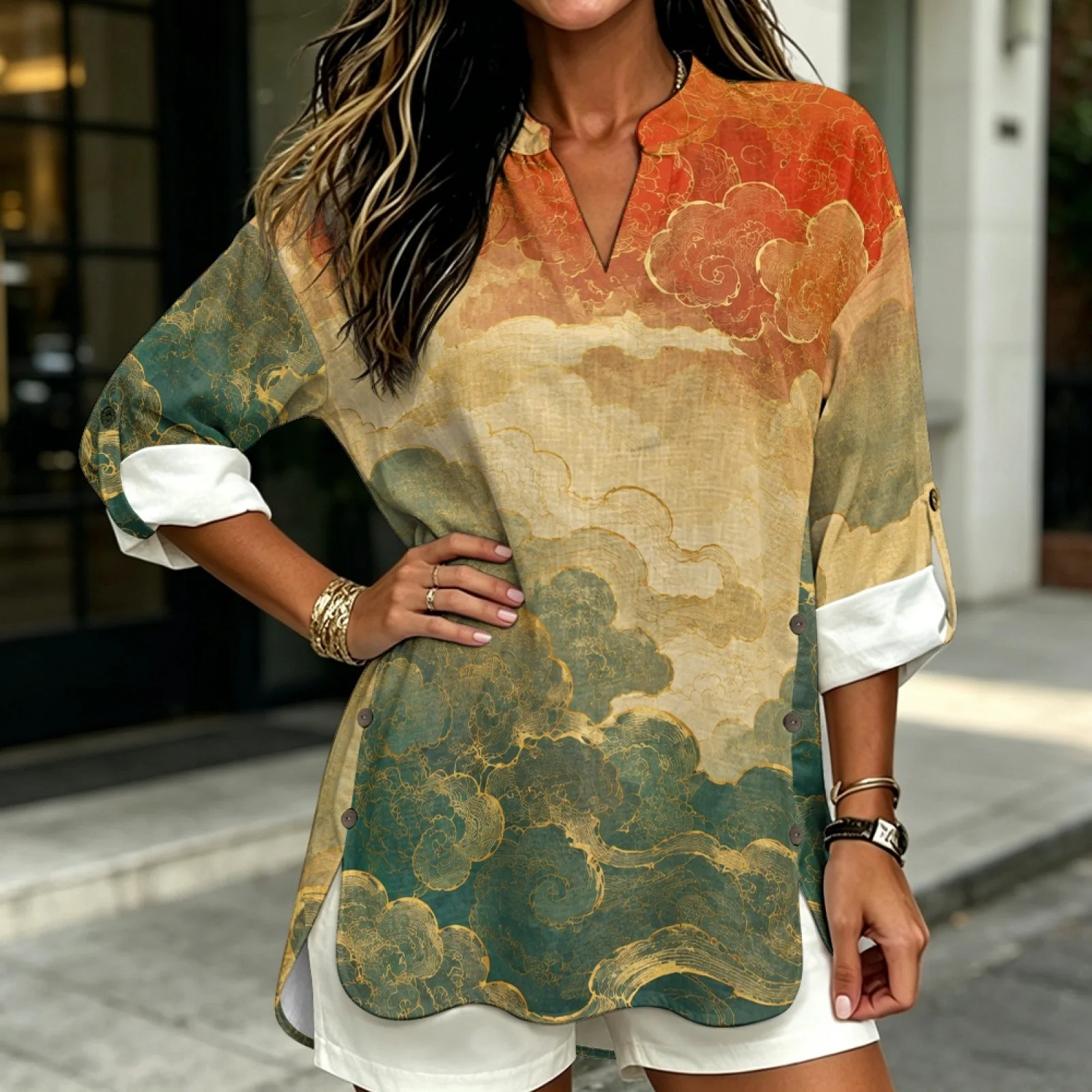 PENSTROLL Vintage Cloud Print Linen-Like Long Sleeve Shirts for Summer Casual Fit Casual Shirts Women Loose Fit Tops