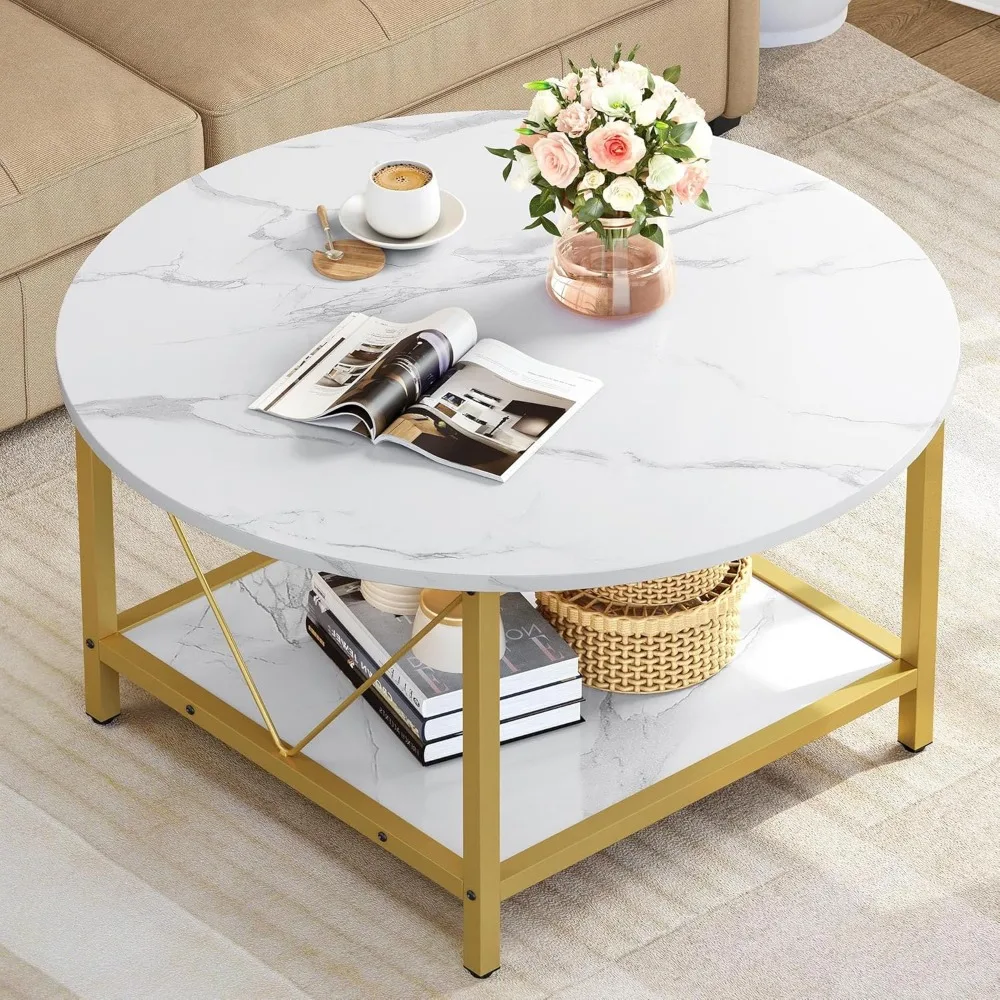 

Round Rustic Wood Coffee Tables with Storage Shelf, Modern Farmhouse Circle Coffee Table Center with Sturdy Metal Legs