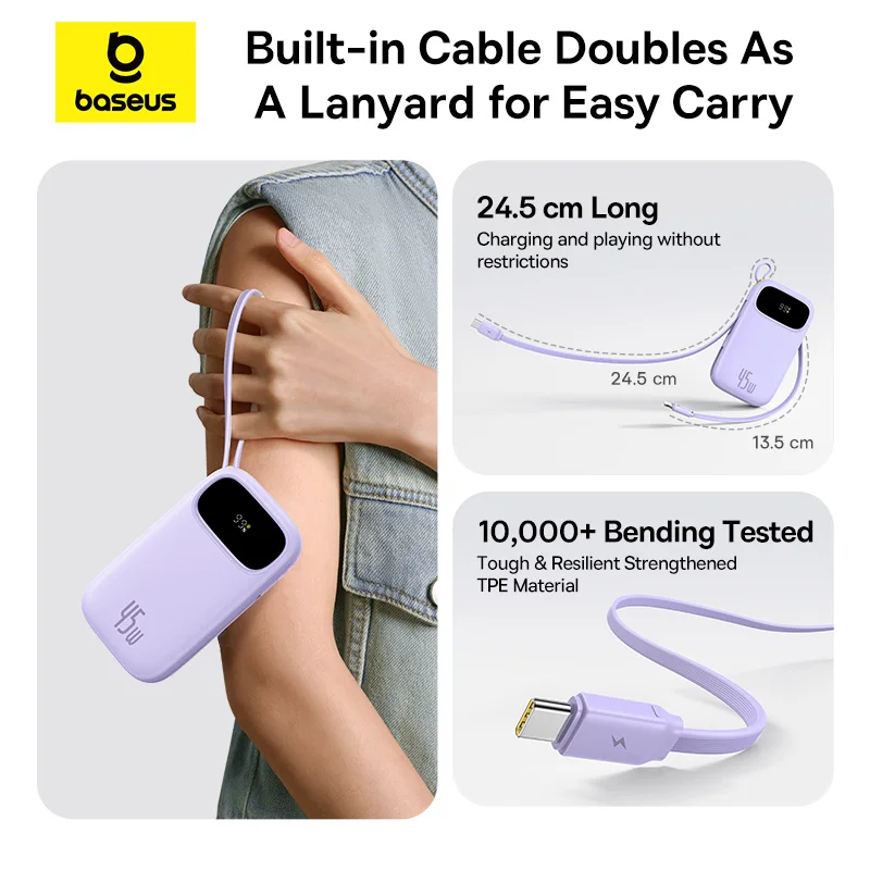 Baseus 45W 20000mAh Power Bank 10000mAh Built-In Retractable USB-C & Lightning Cable for iPhone 17 16 15 Samsung S25 Xiaomi Poco