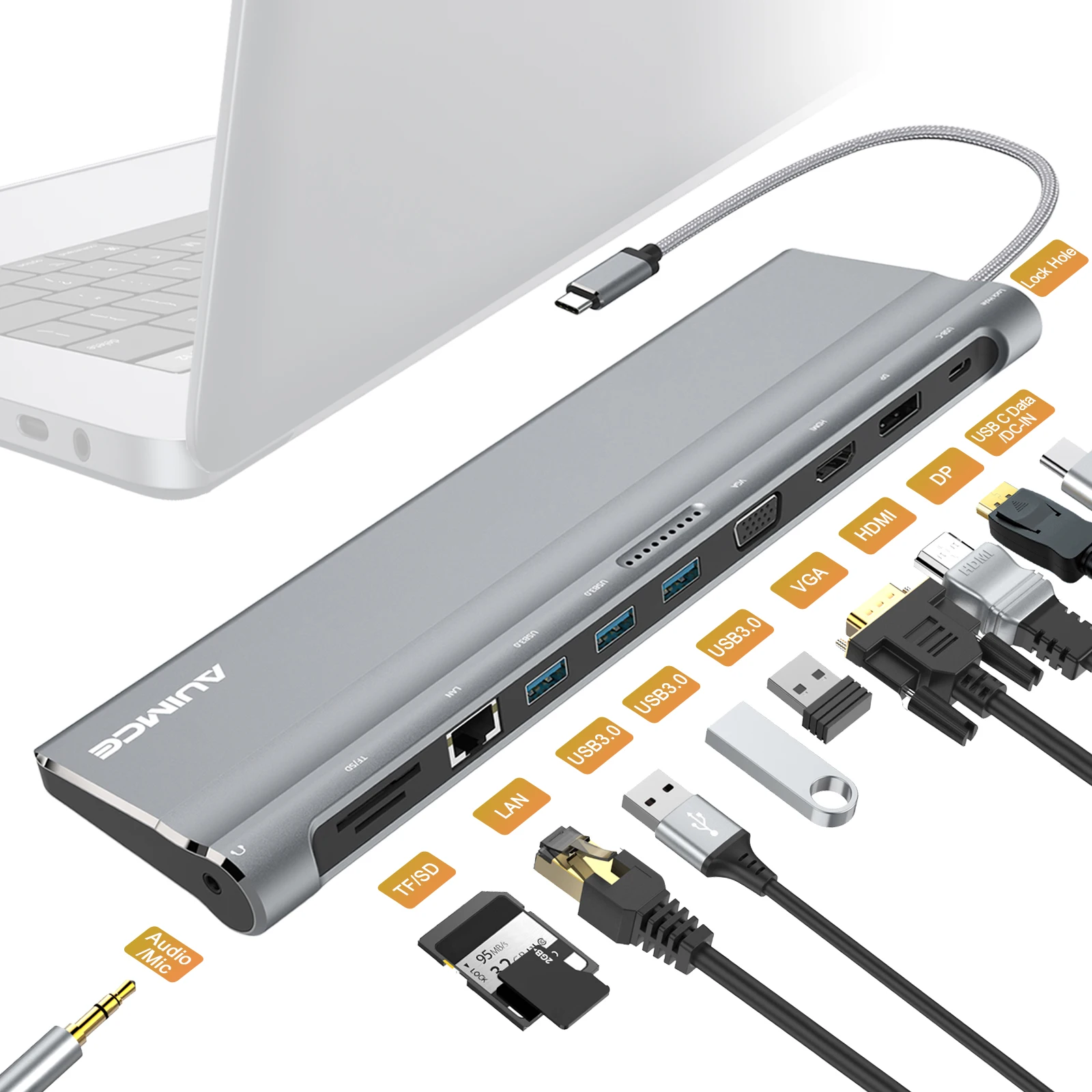 USB C Docking Station Triple Display HDMI+DP+VGA,11 IN 1 4K@30Hz Docking,3 USB-A 3.0,Ethernet,USB-C PD 100W