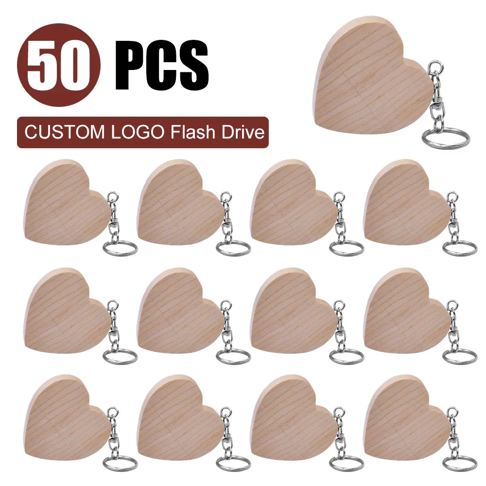 50PCS Heart Wedding Photography Gifts USB Flash Drive Wooden Pen Drive Memory Stick 64GB/32G/16G/4GB U Disk The Gift of Memories