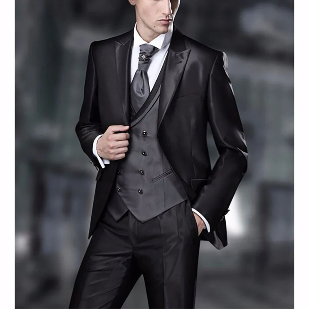 Men's Suit Luxury Blazer Wedding Terno Groom Black Satin Fashion Single Breasted Peaked Lapel 3 Piece Jacket Pants Vest Slim Fit