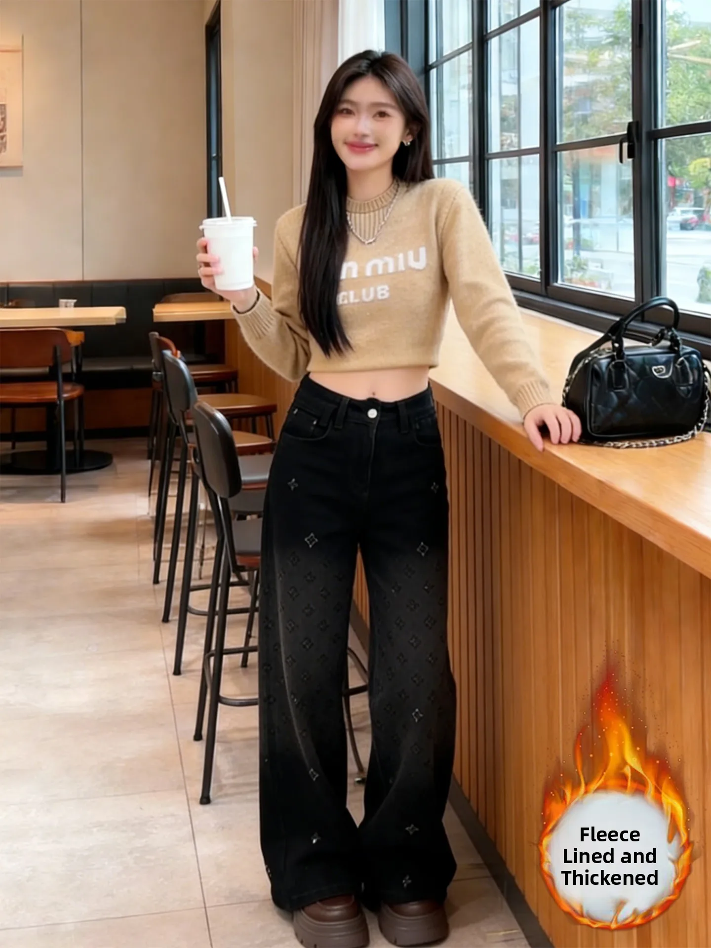 

Bla Fce Lined Wide Leg Jeans Women's Casual Faion Straight Leg Pants Autumn Winter New Sle Ti Ladies Jeans