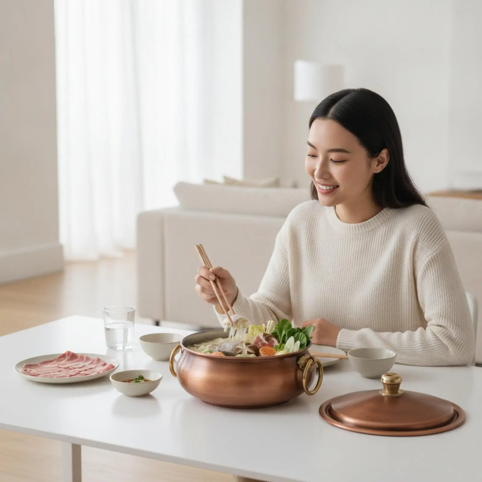 Copper Hot Pot Induction-Compatible Hot Pot with Lid Cookware Fast Heating Uncoated for Home Cooks, Gas Stoves, Tabletop Dining