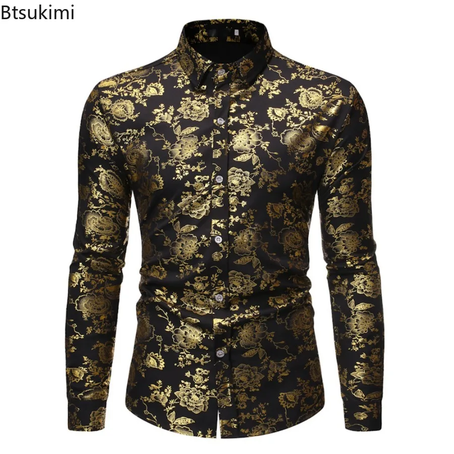 เสื้อเชิ้ตผู้ชายพิมพ์ลาย 3 มิติสุดหรู แขนยาว ปกเชิ้ต กระดุมแถวเดียว สไตล์ลำลอง วินเทจ สตรีทแวร์ สำหรับงานปาร์ตี้และงานแสดงบนเวที