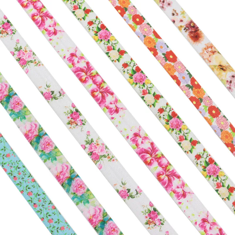 

Wholesale 5/8" 15mm Heat Transfer Beautiful Flower Printed FOE Fold Over Elastic Ribbon For Hair Accessories 100Yards