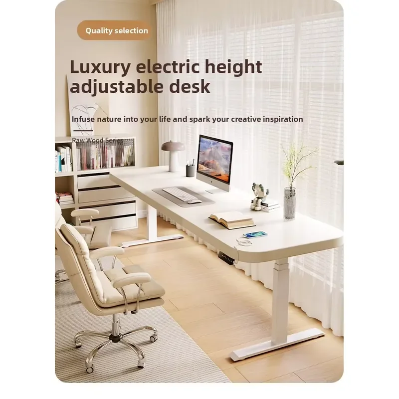 【CHIMU HOME】 Solid Wood Electric Lifting Table for Computer Office Study Desk Workbench Dual-use Adjustable Desktop with
