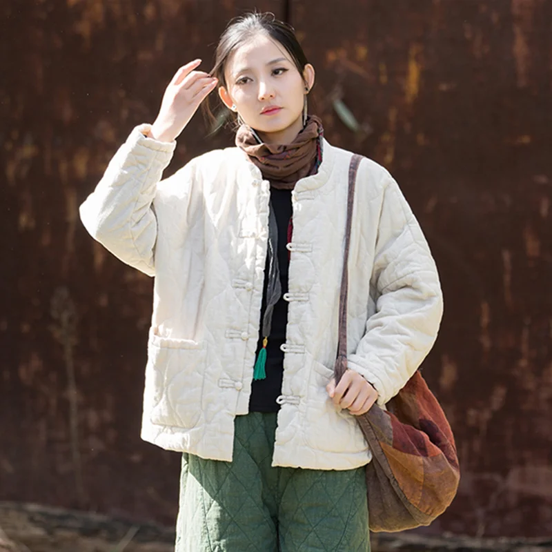 Giacca corta in cotone vestibilità ampia da donna Autunno Inverno Stile cinese Artistico retrò Cappotto in cotone caldo Materiale misto lino