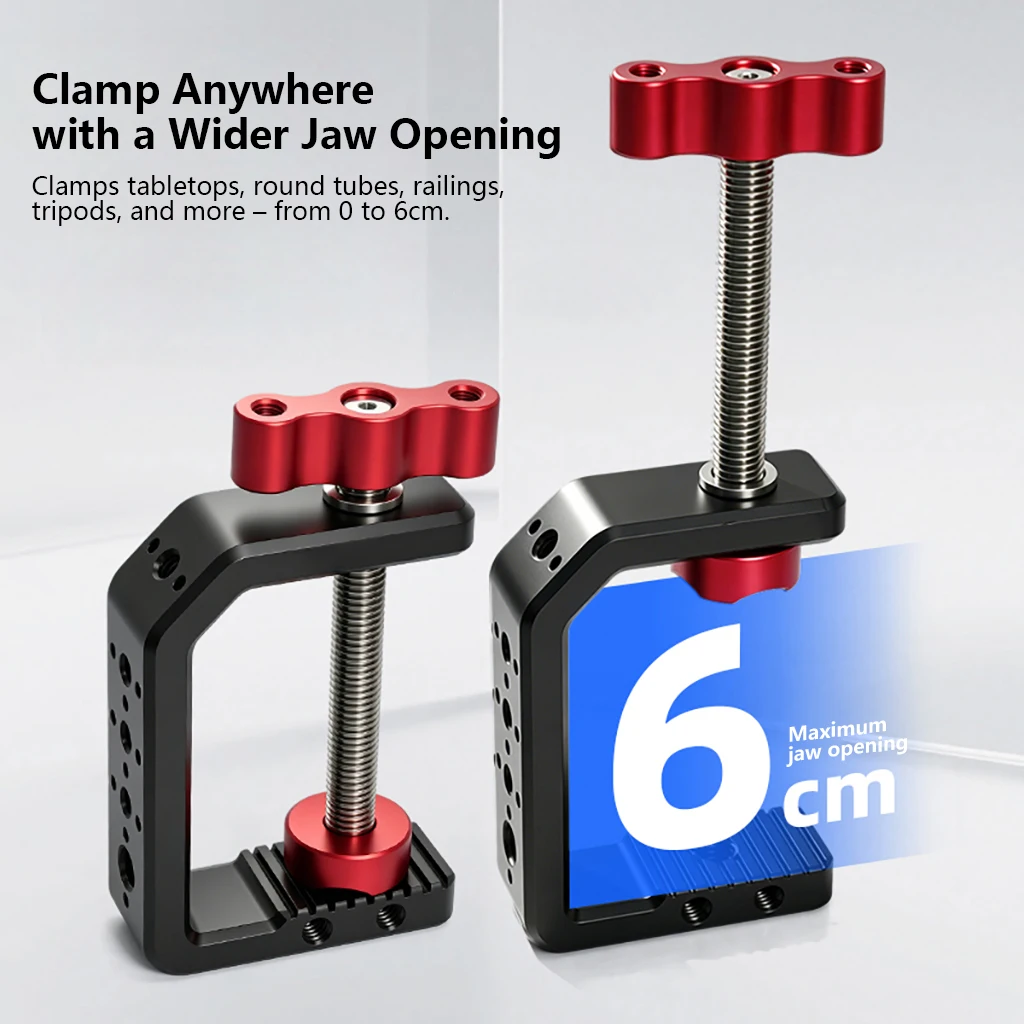 Aluminium C-Klemme mit Cold Shoe und Arri-Positionierloch 1/4" 3/8" Gewinde für DSLR-Kamera, Monitor, LED-Videoleuchte, Schreibtisch-Rig – Detail 19
