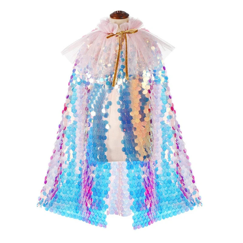 Kids Mermaid Princess Sequin Cape Colorful Glitter Cloak Sparkly Beaded Shawl for Cross‑border Party Cosplay & Stage Performance - view 5