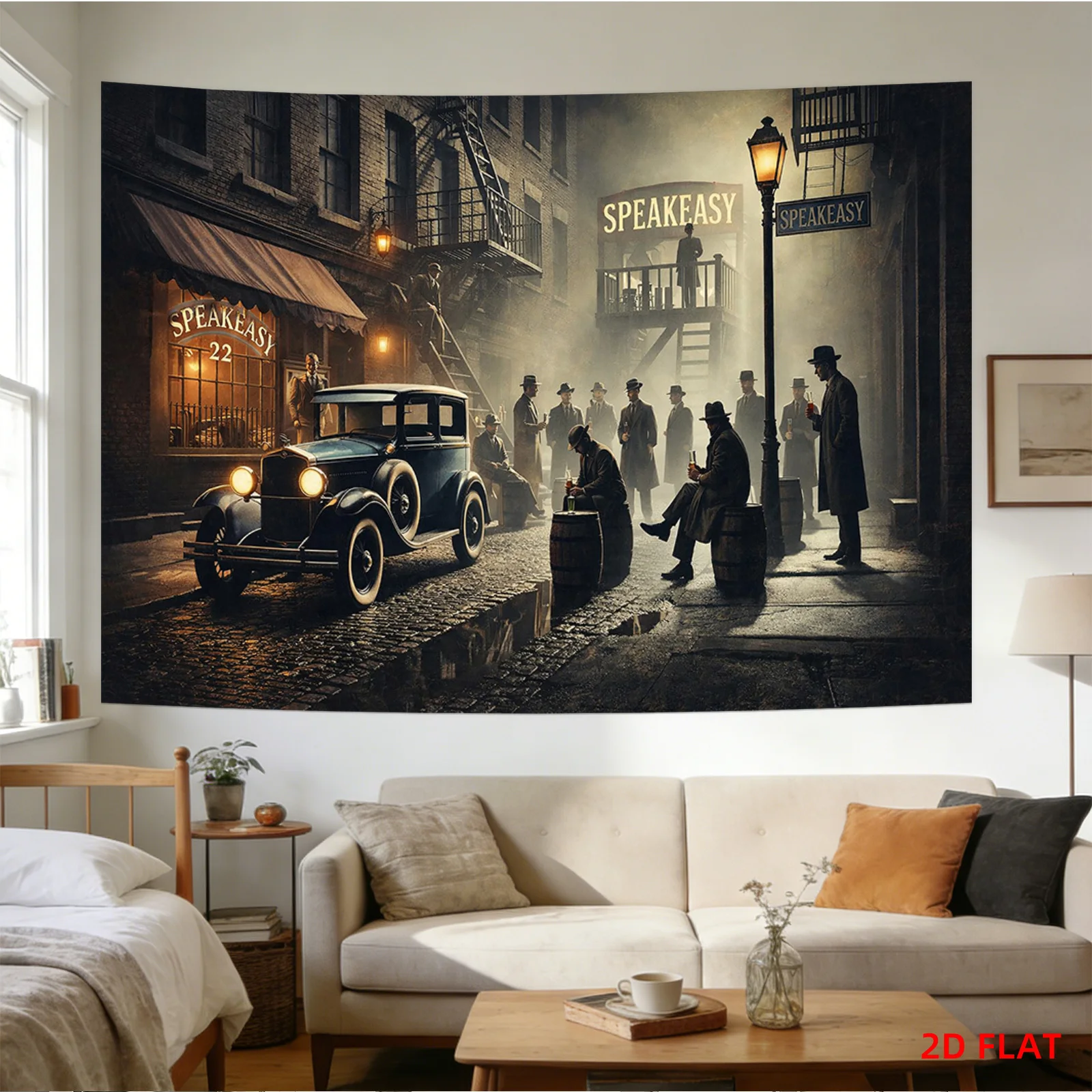 Vintage Speakeasy Tapestry, 1920s Gangster Street Scene, Retro Car & Jazz Age Wall Hanging, Classic Noir Decor, Man Cave Art