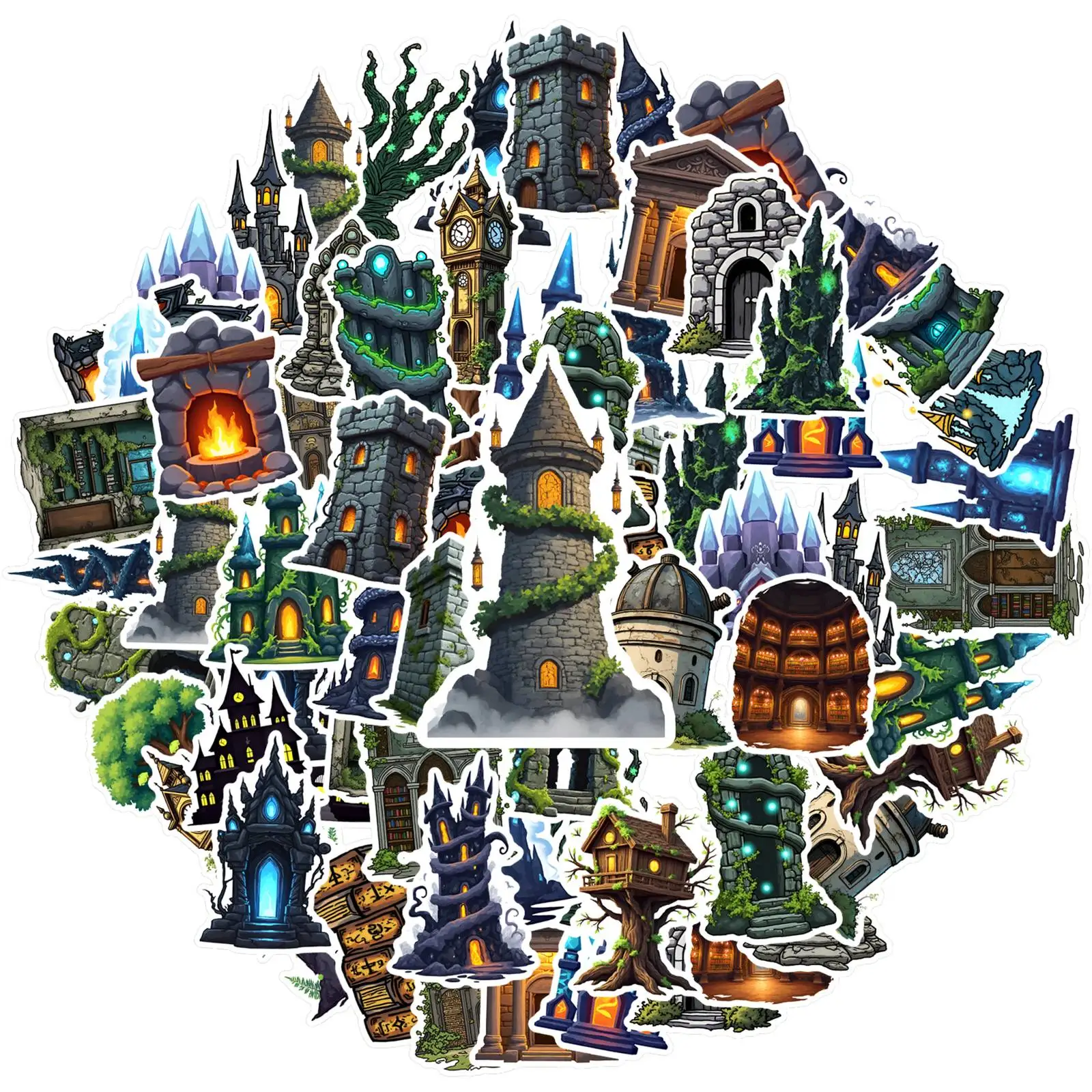 

Набор из 35-50 наклеек: Фантастические структуры в стиле природы, винтажные мистические здания, готические замки, архитектурные стикеры