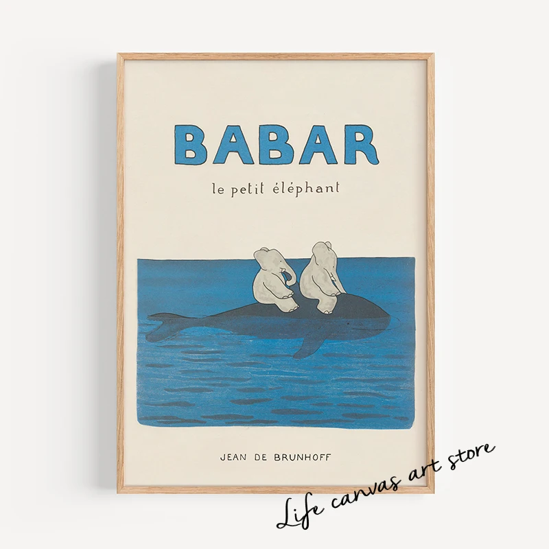لوحة فنية عتيقة على شكل رسوم متحركة لبابار الفيل بابار لو بيتيت ايليفن ، لوحة قماشية ، صورة مطبوعة على الحائط ، غرفة الحضانة ، ديكور المنزل #2