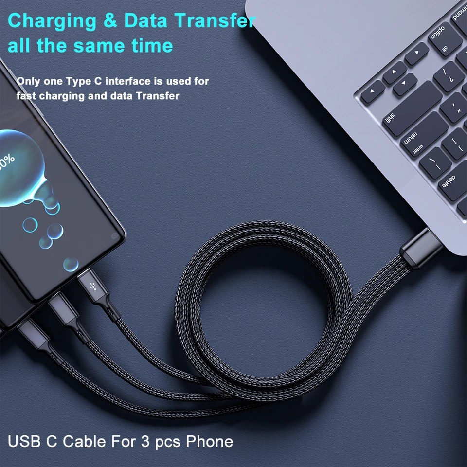Cable 3 en 1 USB tipo C 100W de carga rápida USB A a 3 tipo C para Samsung S24 Xiaomi Huawei Android transferencia de datos 6