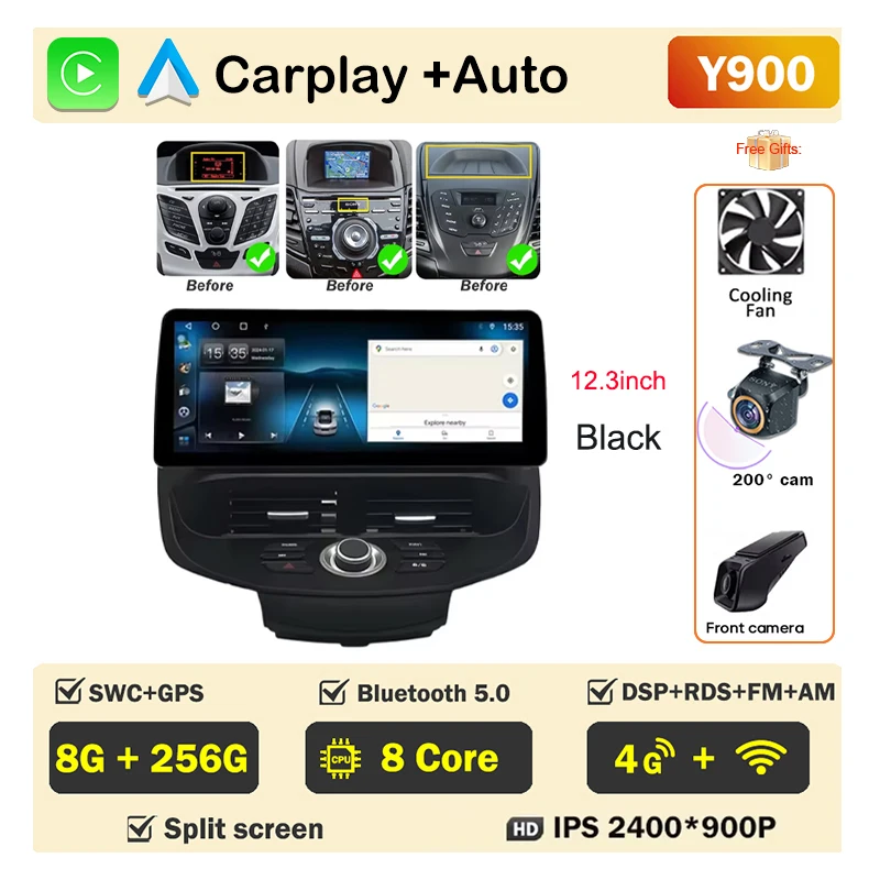 12.3 inch Car Radio For Ford Fiesta MK6 MK7 2009-2016 LHD RHD Android Multimedia Video Player GPS Wireless Carplay QLED Screen image 3