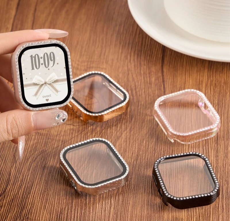 Glass+Diamond Cover For Apple watch case 46mm 42mm 40mm 44mm 41mm 45mm Bling Bumper Protector iWatch Series 11-10 9 se 5 6 7 8