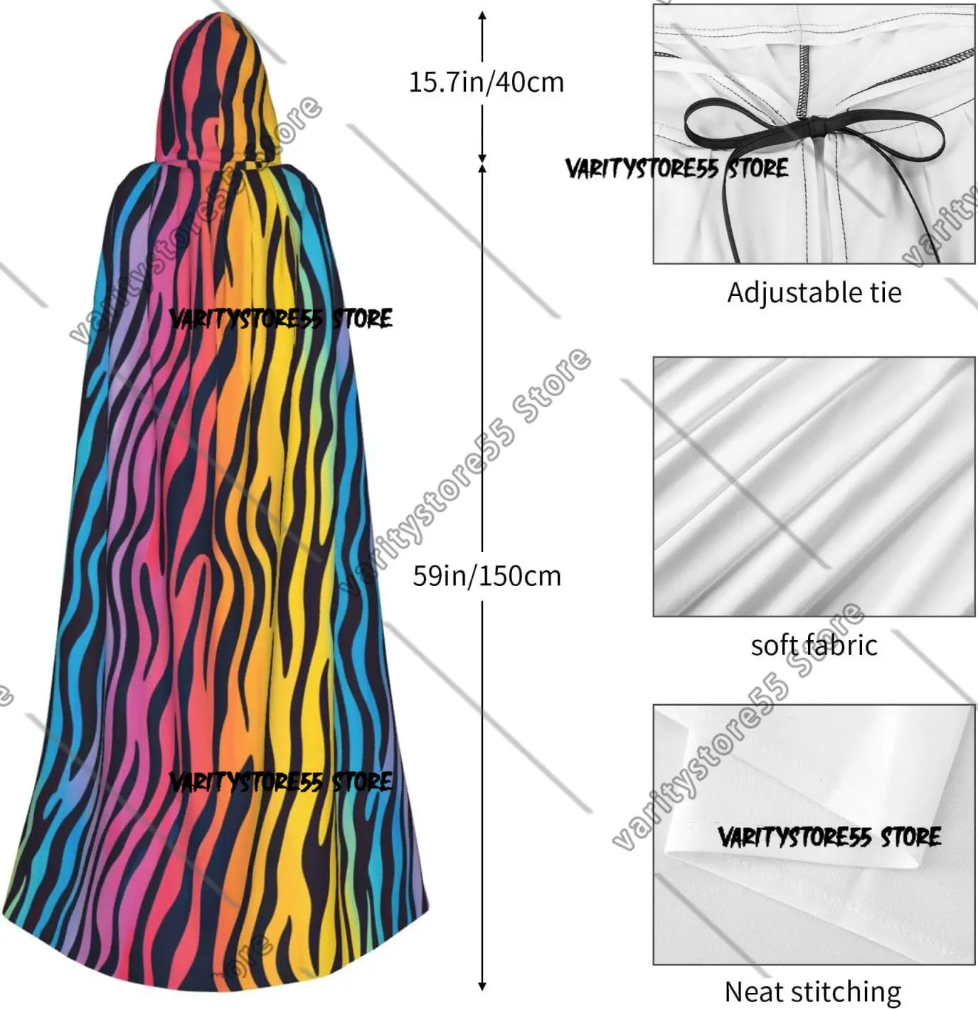 Wizard Cloak with Hood Men Women Colorful Zebra Stripes Print Witch Hooded Vampire Cape Halloween Costumes Black