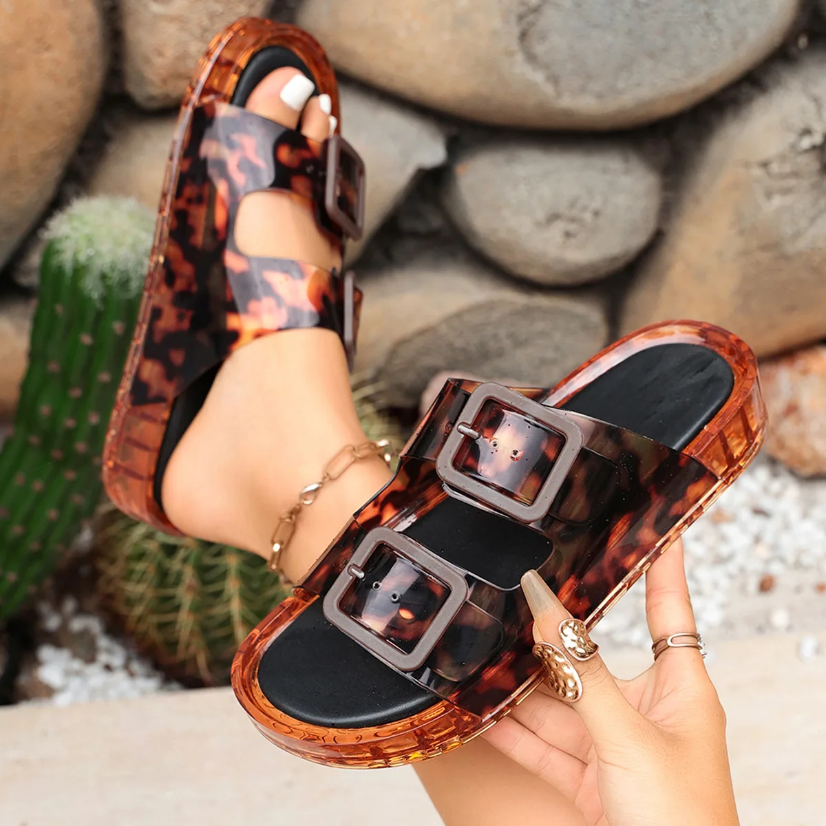 2026 Neue Damen-Leoparden-Jelly-Sandalen mit Doppelschnalle, Dicker Sohle, Rutschfest, Atmungsaktiv, für Outdoor und Strand, Modische Slides – Detail 5