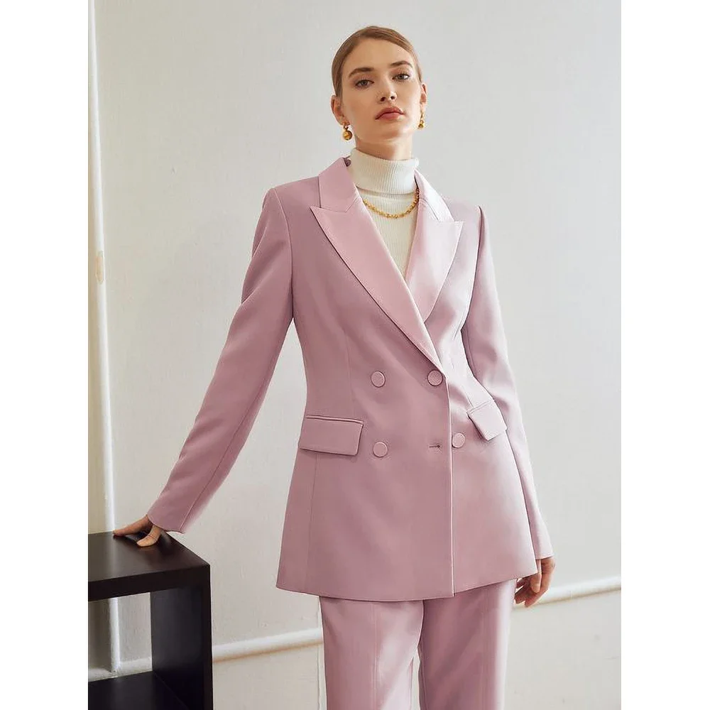 

Office Lady Women Suits 2 Piece Fashion Satin Peak Lapel Double Breasted Pink Blazer with Pants Formal Casual Basics Pants Set