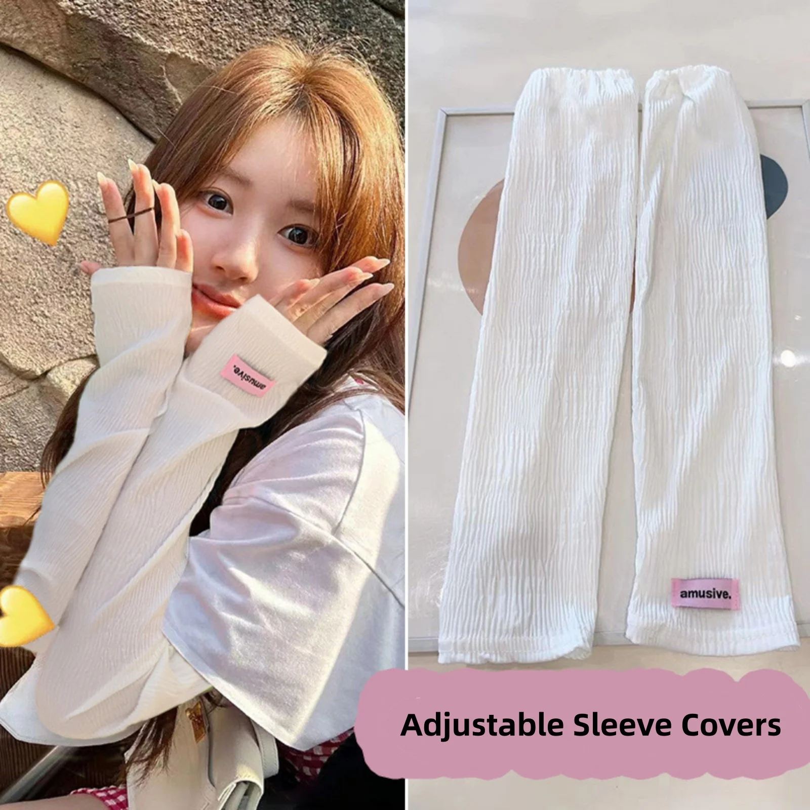 1Pair Crinkle Texture Adjustable Sleeve Covers For Women Cute Pink Label Sun Protection Arm Sleeves For Outdoor Activities