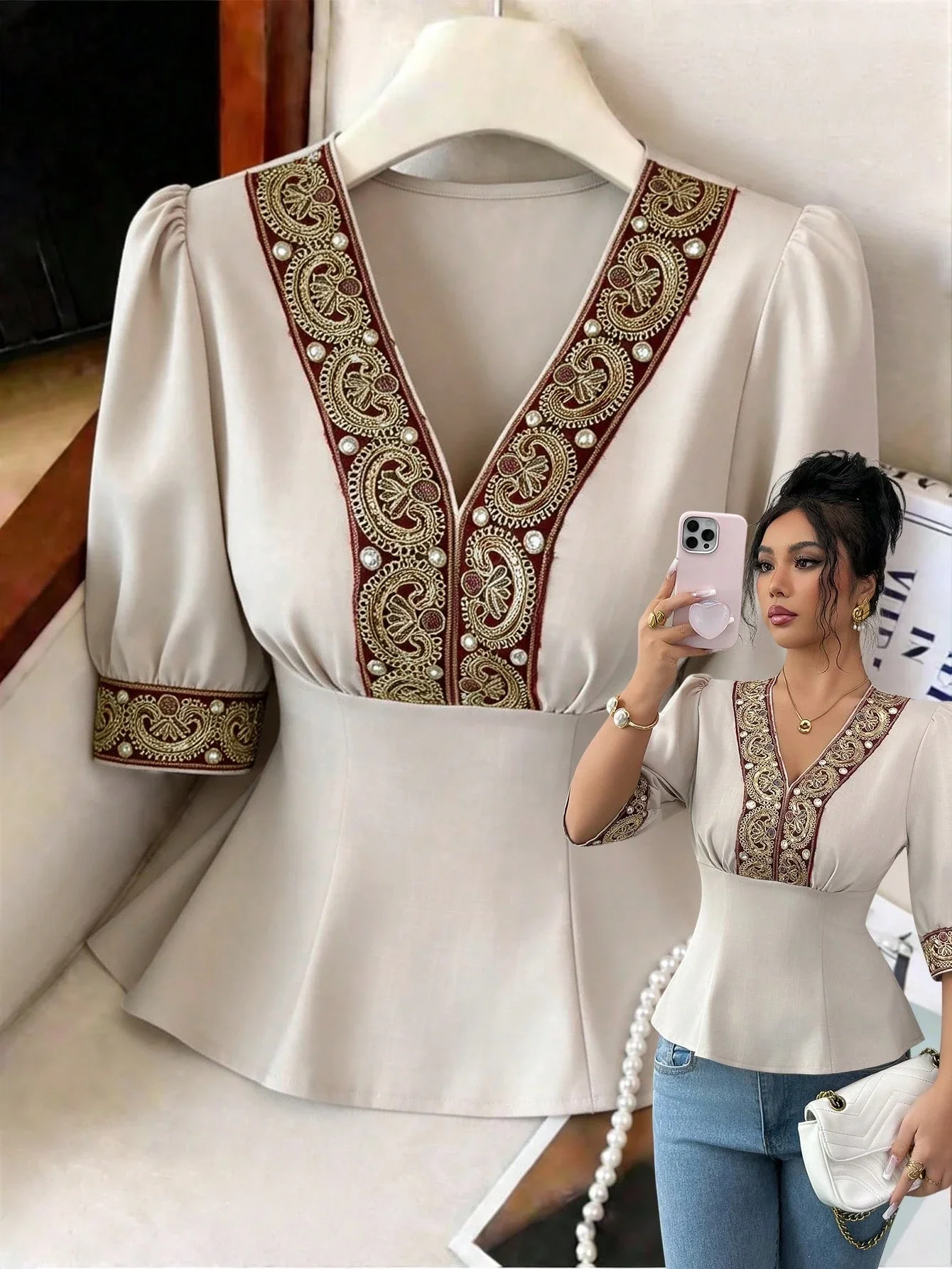 

Elegant Women V-Neck Pleated Chiffon Dress With Embroidery Ruffle Sleeve Casual Vacation Dress