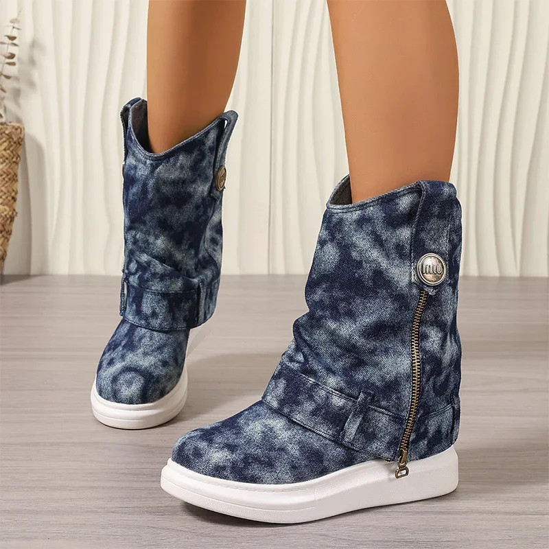 Kowbojskie platformy mieszkania damskie botki obuwie zimowe nowe markowe trampki Botas 2024 Trend Retro Zipper Mujer Zapatos