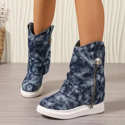 Kowbojskie platformy mieszkania damskie botki obuwie zimowe nowe markowe trampki Botas 2024 Trend Retro Zipper Mujer Zapatos