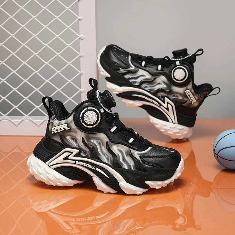 

New rotating button children's basketball shoes for practical use anti-slip casual sports shoes with leather surface for boys