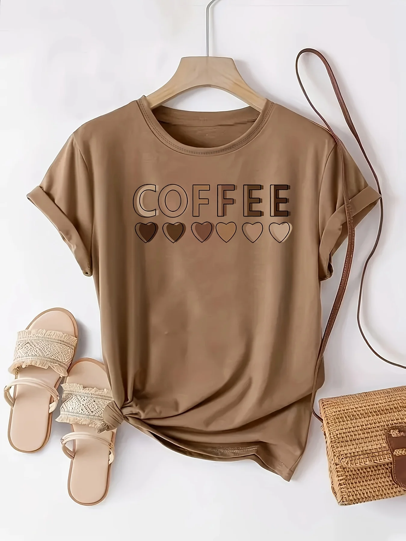 

Summer Plus Size Fashion Women's T-Shirt Original Design Coffee Letter Pattern Print Women's Casual Crew Neck Short Sleeved Tops