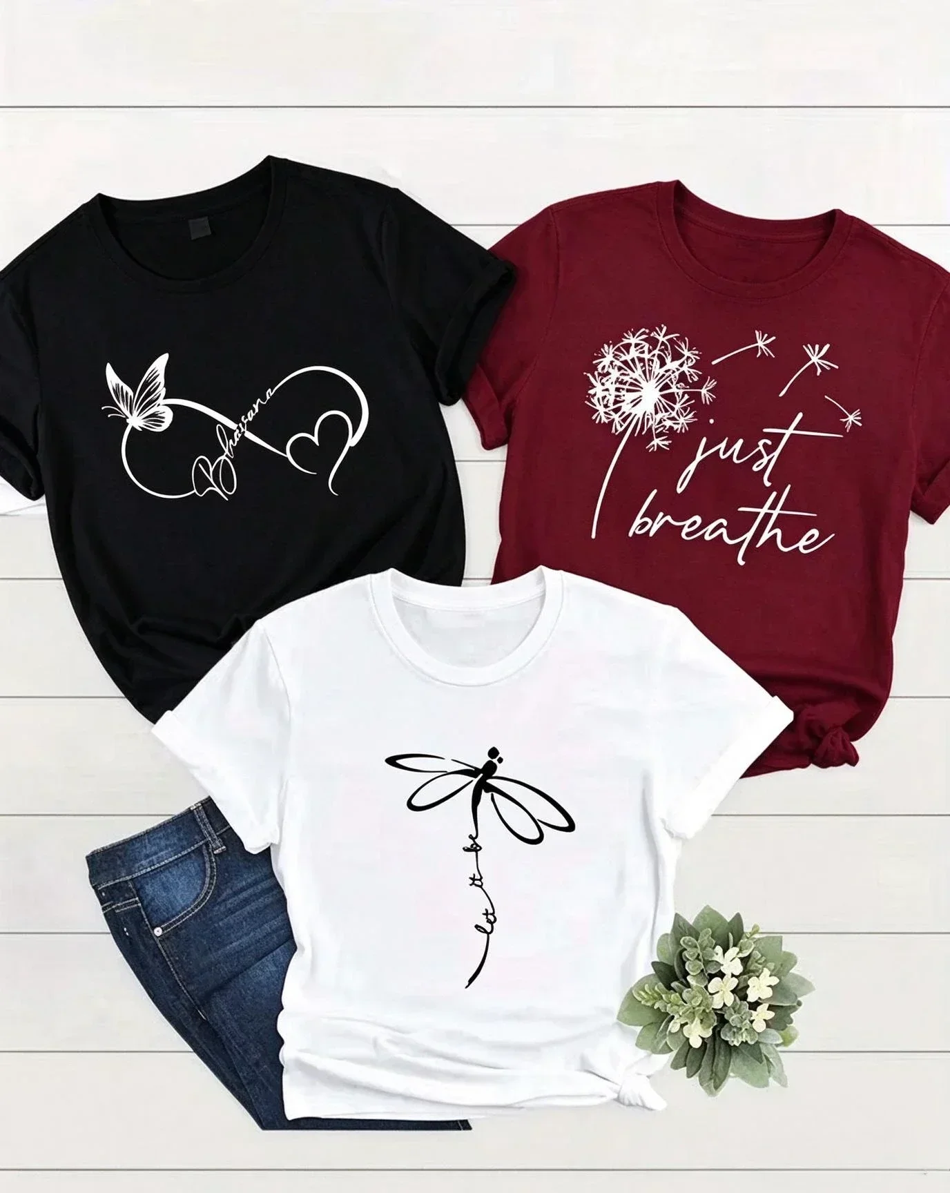 2026 Women 3-Pack Summer Casual T-Shirt Multipack, Effortless Chic Monochrome Graphic Print Tees, Crew Neck Short Sleeve Basic Tops For Female Daily Outfit