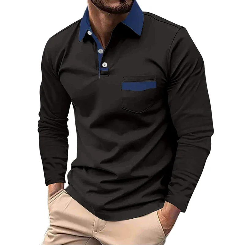 2026 New Contrast Color Lapel Long Sleeve Polo Shirt Men's Spring and Autumn Casual Business Versatile Pocket Top