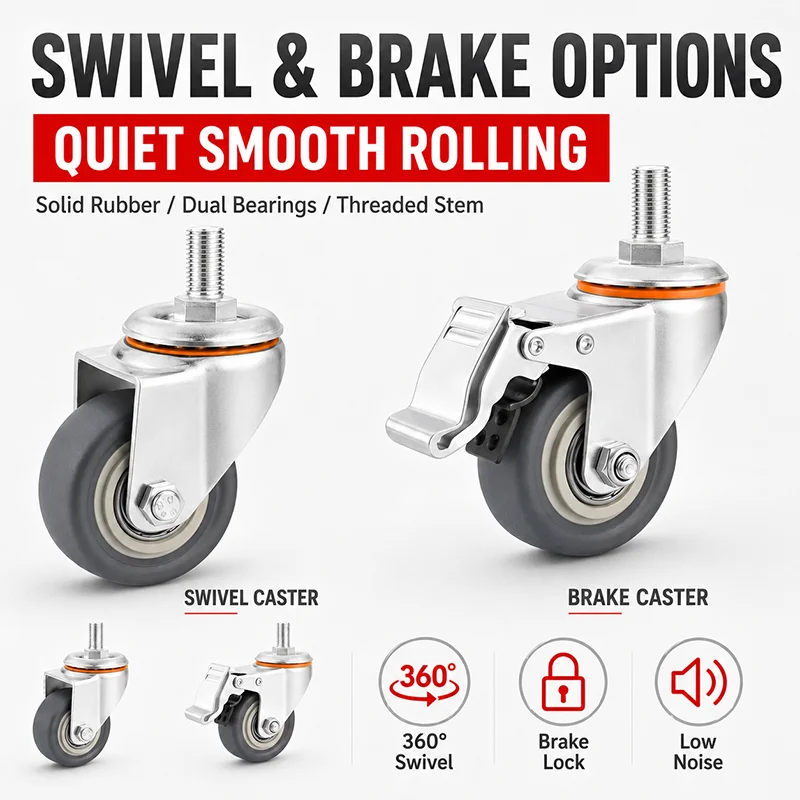 Rubber Threaded Stem Caster Wheel 3/4/5 Inch M10 M12 M16 Swivel Brake Castor for Trolley Cart Furniture