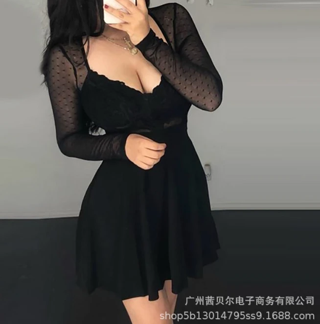 Women's Dress Casual Summer Fashion Solid Color Lace Patchwork V-neck  Sheer Mesh Polka Dots Long Sleeve A-line Mini Dress