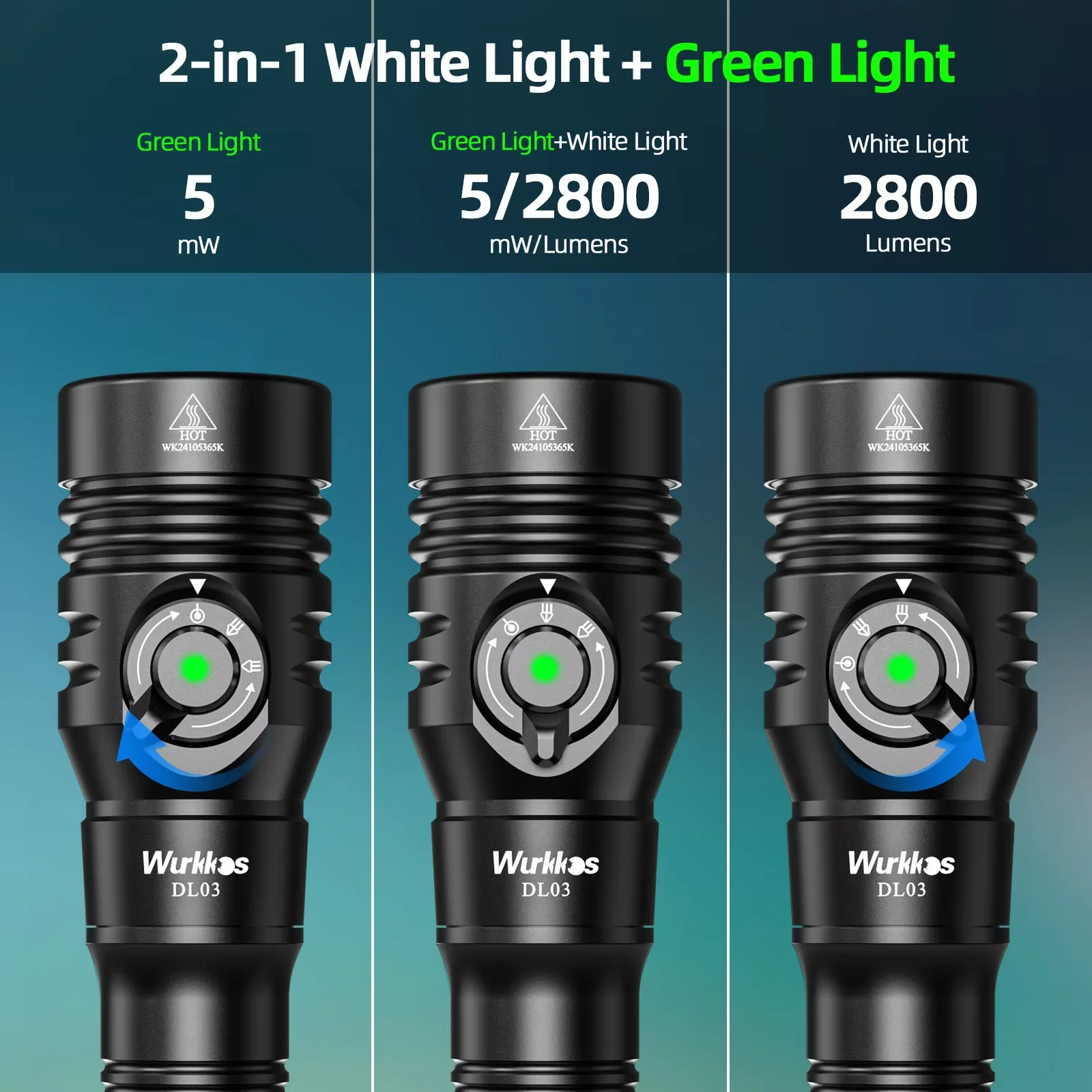 Wurkkos DL03 21700 Rechargeable Professional Dive Light 2800 LM MAX 480M Long Range with Green Beam Indicator for Night Diving