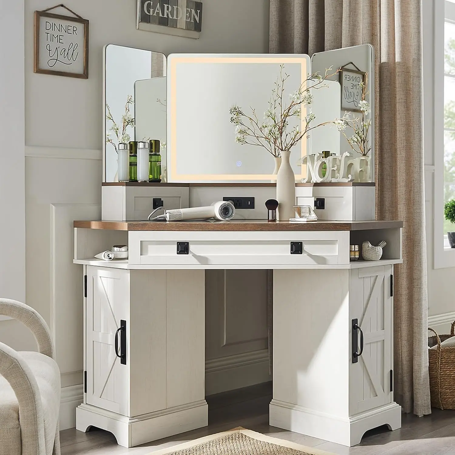 

48" Corner Vanity Desk with 3 Way Mirror and Lights, Farmhouse Makeup Vanity with Charging Station & Glass Top, Dressing Table