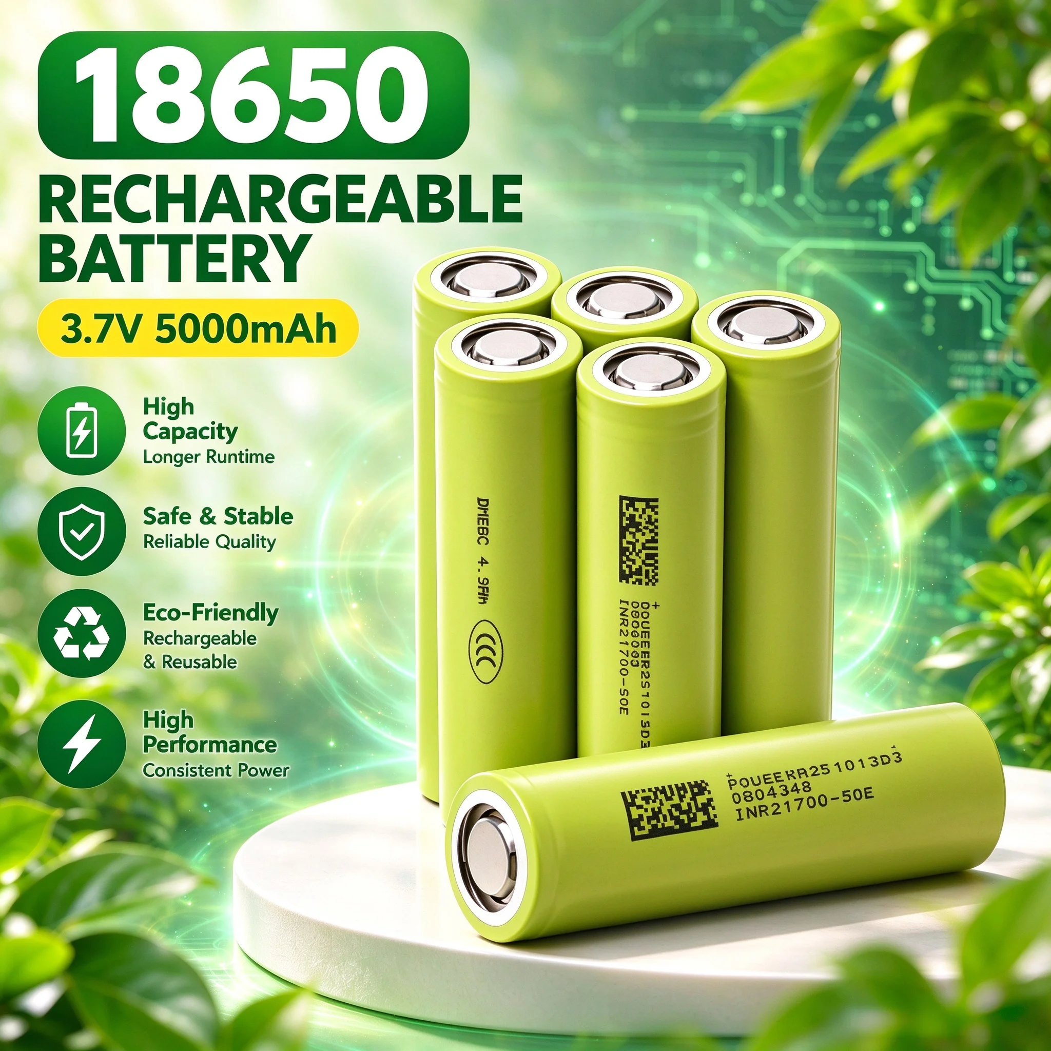 18650-50E 5000mAh 3.7V Ultra High Capacity Rechargeable Li-ion Battery Cell，Long Cycle Life for Power Banks, Flashlights, Drones