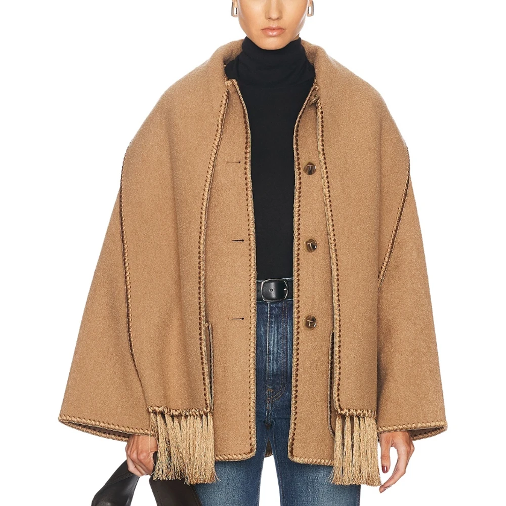 Wool Blend Women Jacket Y2k Fashion Temperament Loose Commuter Tassel Scarf Collar Long Sleeve Coat 2024 Autumn New