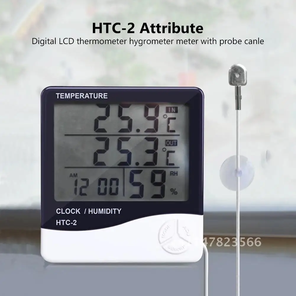 1pcs Clock Weather Station hygrometer thermometer LCD Digital Temperature Humidity Meter Home Indoor Outdoor HTC-2