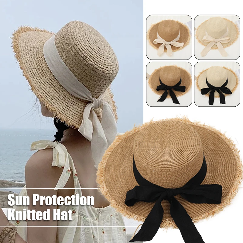 

Summer Sun Hat Bow Knot Raffia Hat Sun Visor Beach Straw Hats Women Sea Beach Brimmed Cap Vacation Leisure Sunscreen Hats