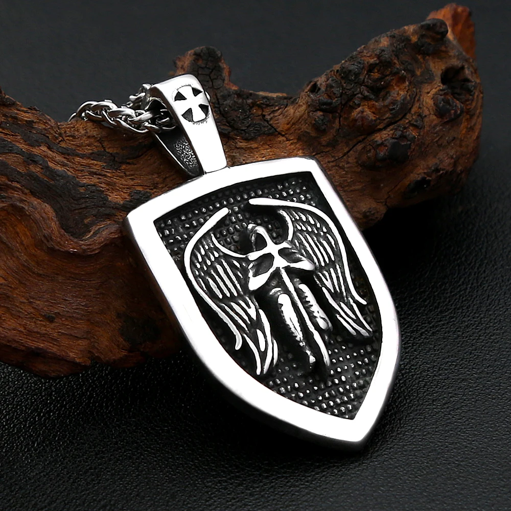 Mens Saint Michael Shield Necklace Stainless Steel Winged Archangel Portrait Charm Unisex Retro Punk Biker Hip Hop Jewelry Gift