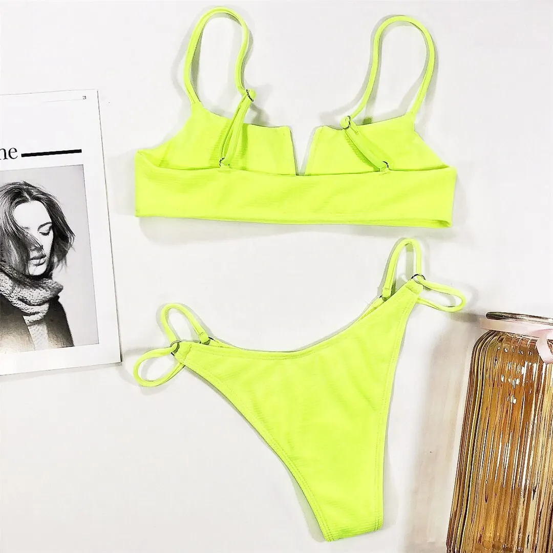 3 Farben 2026 Gerippter Neon-Gelber Bikini Damen-Badeanzug Zweiteiliger Bikini-Set Bademode Badeanzug Schwimmen Damen V2131 – Detail 18
