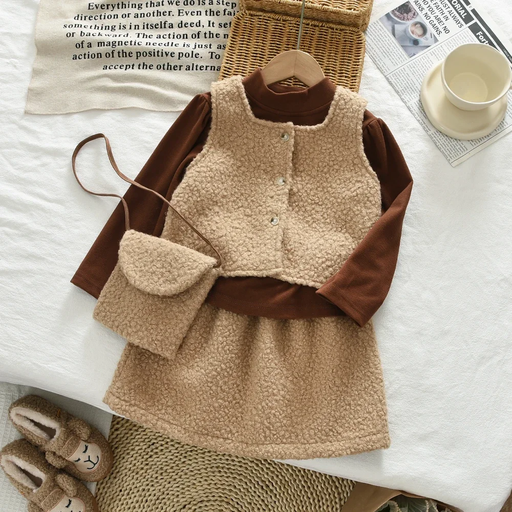Autumn New Street Style Girl Casual Set Long Sleeve Bottom Shirt+Cardigan Tank Top+Short Skirt+Bag Four Piece Set Korean Version