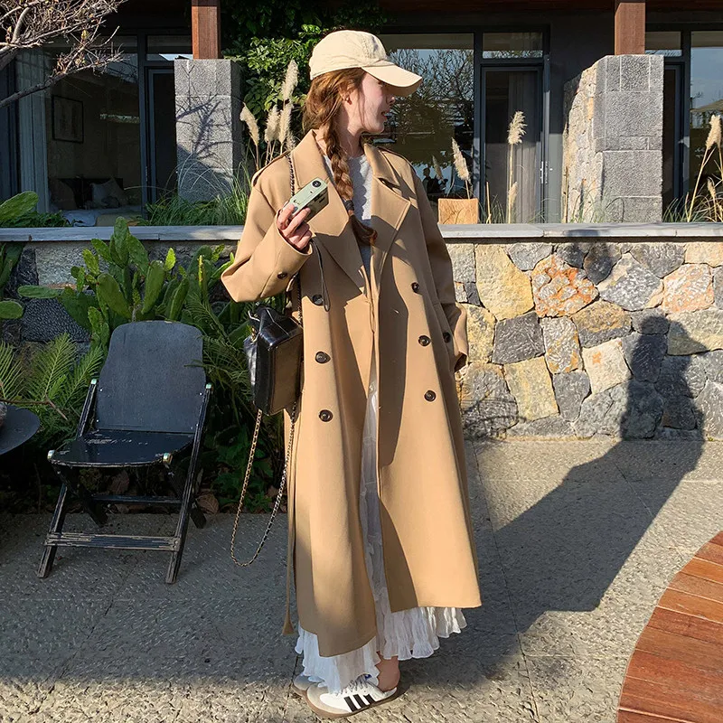 

Women's spring new khaki long Korean double-breasted trench coat for women