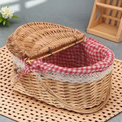 

Wicker Picnic with Lid 38x28x18cm Red Check Storage Basket Home Decor Outdoor Camping Portable Handled Woven Basket