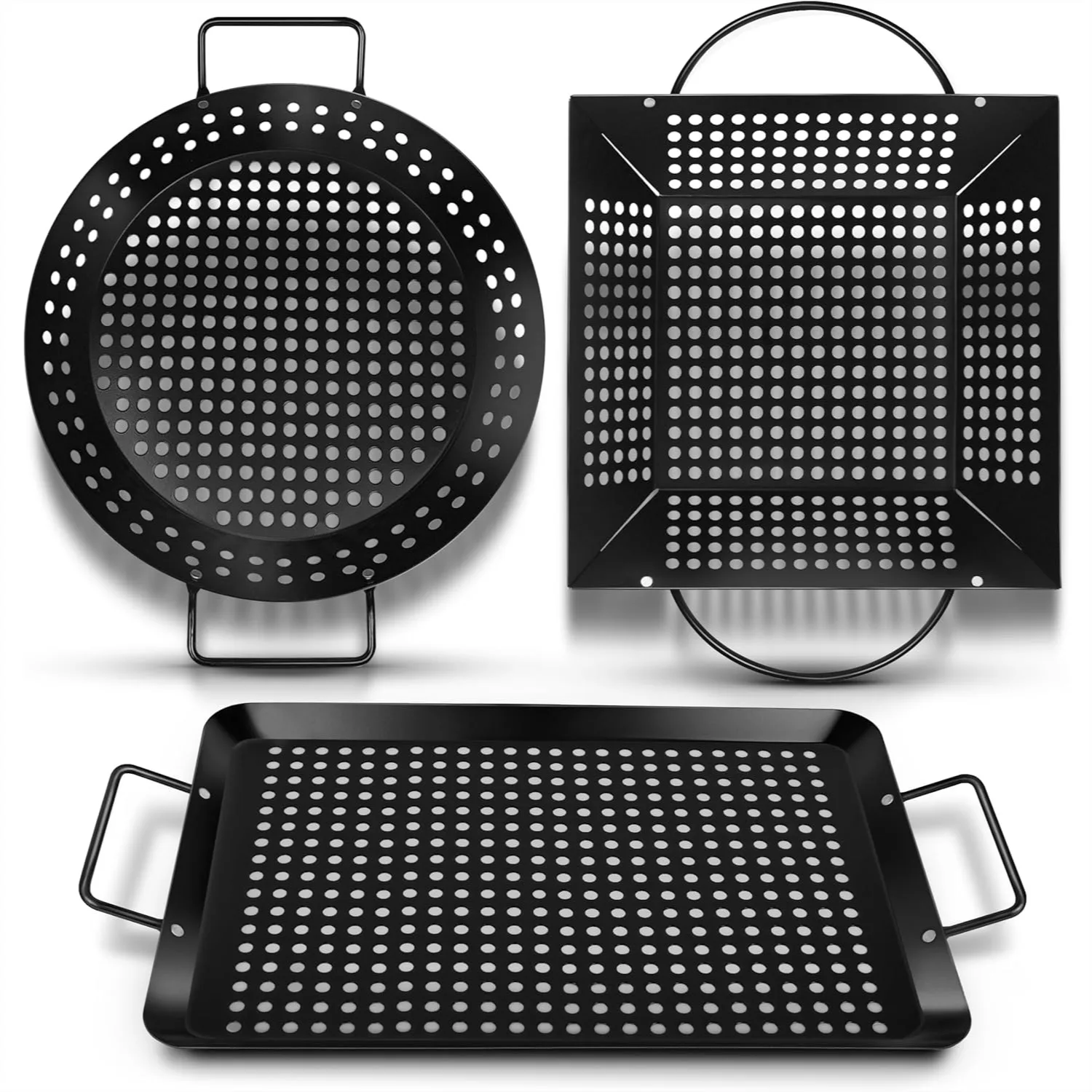 

Large 3 Piece Grill Basket Set For Outdoor BBQ Heavy Duty Nonstick Veggie Grilling Pan With Riveted Handles For Vegetables Seafood And Meat